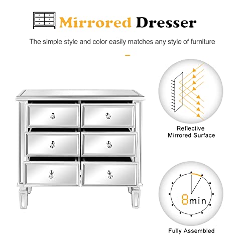 VINGLI Mirrored Dresser for Bedroom with 6 Storage Drawer Modern Chest of Drawers, Silver, 32”L x 12”W x 28”H