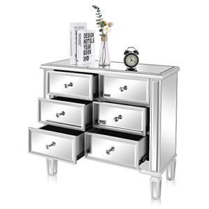 vingli mirrored dresser for bedroom with 6 storage drawer modern chest of drawers, silver, 32”l x 12”w x 28”h