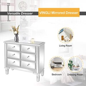 VINGLI Mirrored Dresser for Bedroom with 6 Storage Drawer Modern Chest of Drawers, Silver, 32”L x 12”W x 28”H