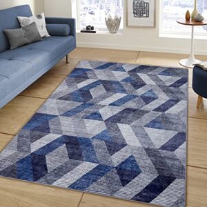 rugsreal washable rug geometric trellis low-pile area rug stain resistant modern area rug throw non-slip non-shedding area rug for living room bedroom office, 5' x 7' blue
