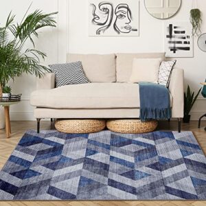 RUGSREAL Washable Rug Geometric Trellis Low-Pile Area Rug Stain Resistant Modern Area Rug Throw Non-Slip Non-Shedding Area Rug for Living Room Bedroom Office, 5' x 7' Blue
