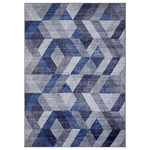 RUGSREAL Washable Rug Geometric Trellis Low-Pile Area Rug Stain Resistant Modern Area Rug Throw Non-Slip Non-Shedding Area Rug for Living Room Bedroom Office, 5' x 7' Blue