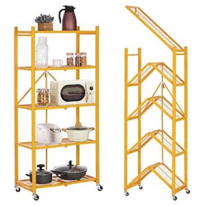 shanson storage shelves with wheels 5 tier heavy duty foldable metal rack storage shelving units for garage kitchen，yellow