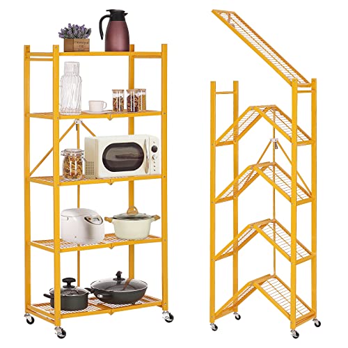 ShanSon Storage Shelves with Wheels 5 Tier Heavy Duty Foldable Metal Rack Storage Shelving Units for Garage Kitchen，Yellow