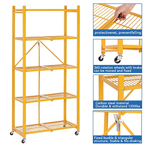 ShanSon Storage Shelves with Wheels 5 Tier Heavy Duty Foldable Metal Rack Storage Shelving Units for Garage Kitchen，Yellow