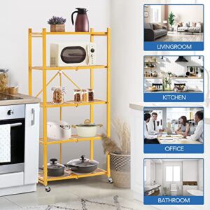 ShanSon Storage Shelves with Wheels 5 Tier Heavy Duty Foldable Metal Rack Storage Shelving Units for Garage Kitchen，Yellow