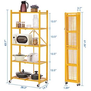 ShanSon Storage Shelves with Wheels 5 Tier Heavy Duty Foldable Metal Rack Storage Shelving Units for Garage Kitchen，Yellow