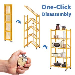 ShanSon Storage Shelves with Wheels 5 Tier Heavy Duty Foldable Metal Rack Storage Shelving Units for Garage Kitchen，Yellow