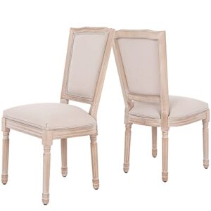 anjsindra dining chairs set of 2 french dining room chairs linen fabric upholstered farmhouse bedroom kitchen chairs with ladder backrest carving solid wood leg dining chair, beige