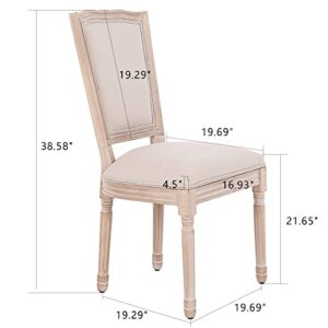 anjsindra Dining Chairs Set of 2 French Dining Room Chairs Linen Fabric Upholstered Farmhouse Bedroom Kitchen Chairs with Ladder Backrest Carving Solid Wood Leg Dining Chair, Beige
