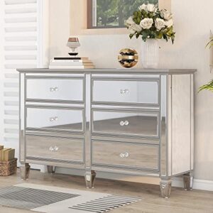 softsea modern 6 drawer mirrored dresser, glass dresser & chest of drawers for bedroom, silver finished storage cabinet with crystal knobs, easy assembly