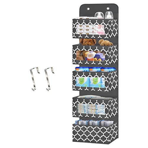 VERONLY Over the Door Hanging Organizer - Coset Door Pantry Storage with 5 Pockets, Sturdy Back of Door Organizer with 2 Metal Hooks and pvc window for Nursery, Bathroom, Bedroom, Kitchen, Dorm, RV