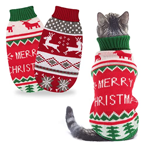 BWOGUE 2 Packs Cat Christmas Sweater Christmas Dog Sweaters Pet Cat Winter Knitwear Warm Clothes Pet Reindeer Snowflake Merry Christmas Pet Sweaters for Kittys and Small Dogs