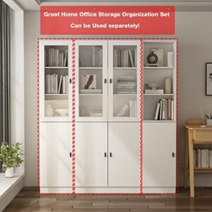 FAMAPY Storage Cabinet Set Bookcase Cabinet Display Cabinet with Glass Doors, Bookcase with Doors, Open Shelves, Black Handles, for Living Room White (62.9”W x 12.2”D x 70.9”H)