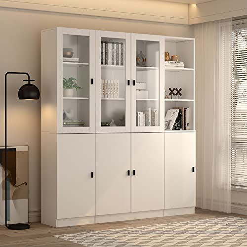 FAMAPY Storage Cabinet Set Bookcase Cabinet Display Cabinet with Glass Doors, Bookcase with Doors, Open Shelves, Black Handles, for Living Room White (62.9”W x 12.2”D x 70.9”H)