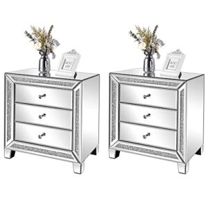vingli mirrored nightstands set of 2 modern bedside table 3 drawer glass side end table silver dresser for bedroom, 23”l x 13.8”w x 24.3”h