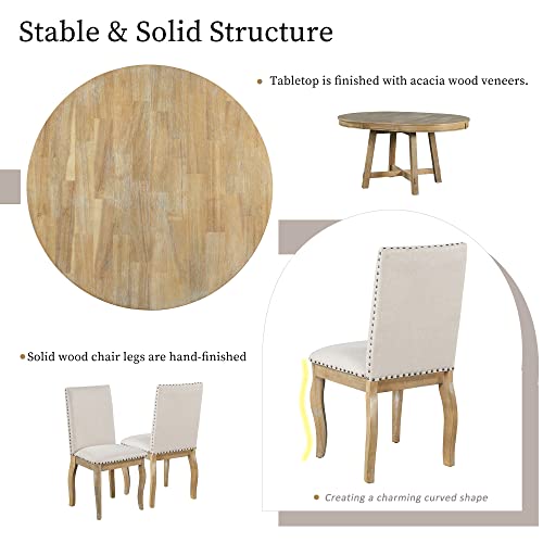 SIYAHOME Table & Chair, Farmhouse Round Extendable 4 Upholstered Chairs, Furniture Dining Room (Natural Wood Wash), 5-Piece Table Set
