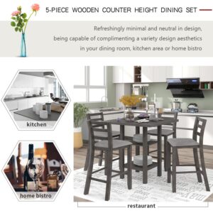 SIYAHOME Table & Chair Wooden Kitchen, Counter Height, Square 2-Tier Storage Shelving and 4 Padded Chairs, Family Fasion Furniture for Dining Room (Gray), 5-Piece Table Set, Grey