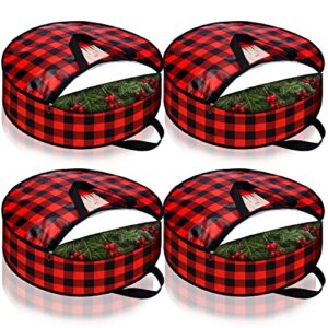 Sadnyy 4 Pieces Christmas Wreath Storage Bag Round Buffalo Plaid Wreaths Storage Container Large Zippered Wreaths Holder Container with Handles for Xmas Holiday Party (Black and Red, 24 Inch)