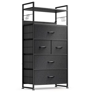 lulive dresser, chest of drawers, 5 drawers dresser for bedroom, hallway, entryway, storage organizer unit with cationic fabric, sturdy metal frame, wood tabletop, easy pull handle (dark grey)