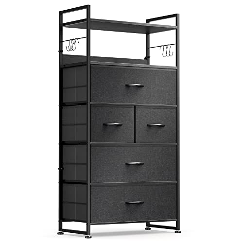 Lulive Dresser, Chest of Drawers, 5 Drawers Dresser for Bedroom, Hallway, Entryway, Storage Organizer Unit with Cationic Fabric, Sturdy Metal Frame, Wood Tabletop, Easy Pull Handle (Dark Grey)