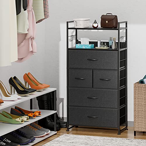 Lulive Dresser, Chest of Drawers, 5 Drawers Dresser for Bedroom, Hallway, Entryway, Storage Organizer Unit with Cationic Fabric, Sturdy Metal Frame, Wood Tabletop, Easy Pull Handle (Dark Grey)