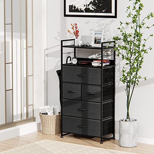 Lulive Dresser, Chest of Drawers, 5 Drawers Dresser for Bedroom, Hallway, Entryway, Storage Organizer Unit with Cationic Fabric, Sturdy Metal Frame, Wood Tabletop, Easy Pull Handle (Dark Grey)