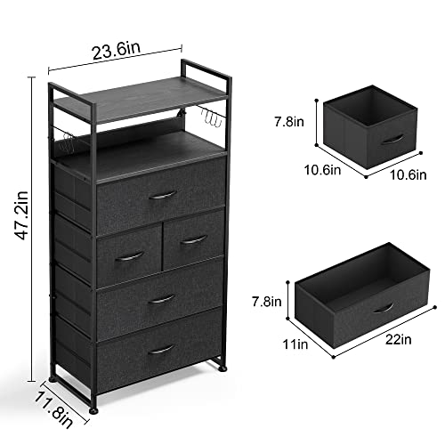 Lulive Dresser, Chest of Drawers, 5 Drawers Dresser for Bedroom, Hallway, Entryway, Storage Organizer Unit with Cationic Fabric, Sturdy Metal Frame, Wood Tabletop, Easy Pull Handle (Dark Grey)