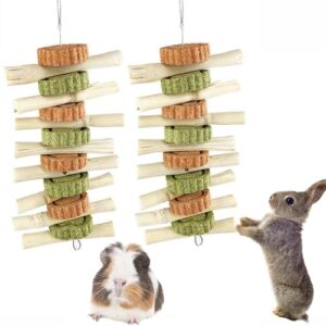 2pcs rabbit toys - bunny chew toys for teeth grinding, improve dental health, natural sweet bamboo timothy grass cake treats for rabbit guinea pig chinchilla hamster small animal rodents (2 pcs)