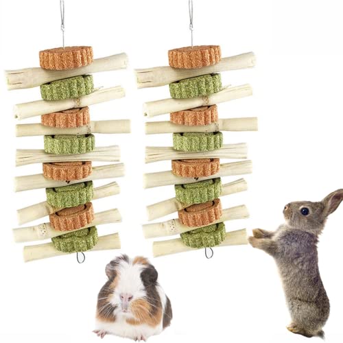 2PCS Rabbit Toys - Bunny Chew Toys for Teeth Grinding, Improve Dental Health, Natural Sweet Bamboo Timothy Grass Cake Treats for Rabbit Guinea Pig Chinchilla Hamster Small Animal Rodents (2 Pcs)