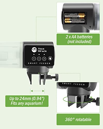 AquaMiracle Automatic Fish Feeder for Aquarium, Fish Feeder Automatic Dispenser with Timer Fish Food Timer Fish Food Vacation Feeder Auto Fish Feeder, for Granules Pallets Strips, Volume Adjustable