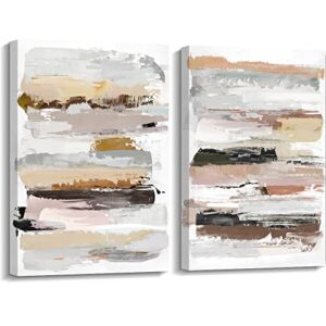 kas home 2 panels abstract canvas wall art grey brown 3d textured paintings wall decor wooden framed pictures artwork for living room bathroom bedroom office (white - abstract, 12 x 15 inch x 2)