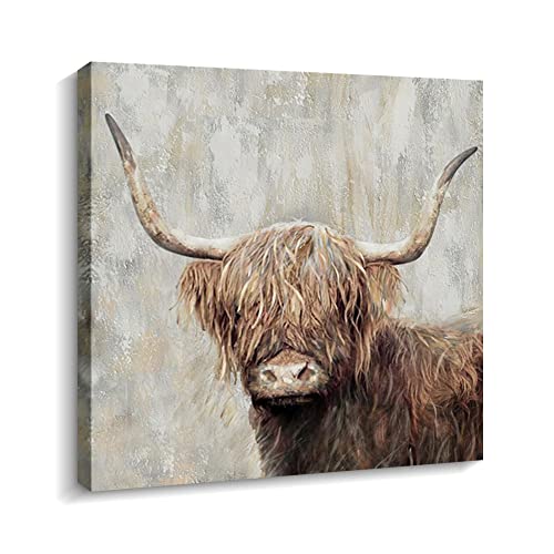 Kas Home Highland Cow Wall Decor Farmhouse Canvas Wall Art Picture Painting Wall Artwork Framed Country Home Decor for Living Room Bathroom Bedroom Kitchen Office (White - Bull01, 12 x 12 inch)