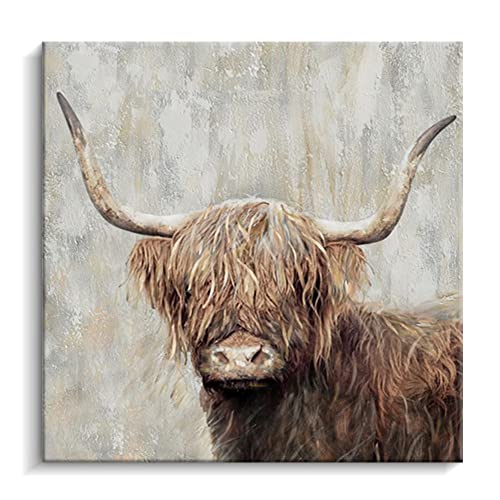 Kas Home Highland Cow Wall Decor Farmhouse Canvas Wall Art Picture Painting Wall Artwork Framed Country Home Decor for Living Room Bathroom Bedroom Kitchen Office (White - Bull01, 12 x 12 inch)