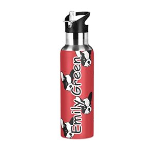 personalized custom name insulated girls boys water bottles french bulldog head vacuum stainless steel thermos mug with straw lid & handle 20 oz