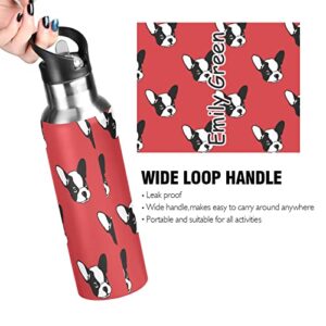 Personalized Custom Name Insulated Girls Boys Water Bottles French Bulldog Head Vacuum Stainless Steel Thermos Mug with Straw Lid & Handle 20 oz