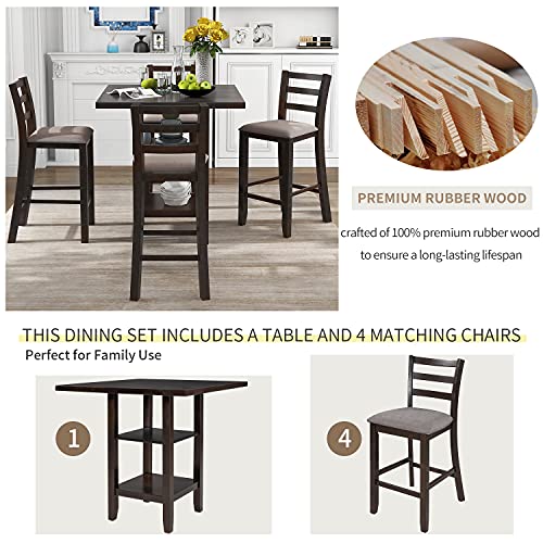 SIYAHOME Table & Chair Wooden Kitchen, Counter Height, Square 2-Tier Storage Shelving and 4 Padded Chairs, Family Fasion Furniture for Dining Room (Espresso), 5-Piece Table Set