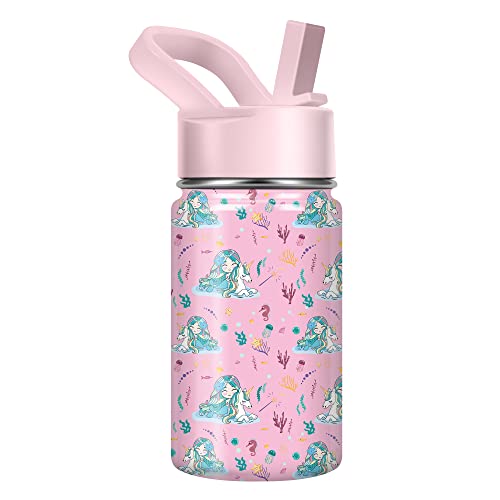 Kids Water Bottle for School, 10oz Boys Girls Insulated Water Bottle with Strap Sleeve, Mermaid Unicorn Stainless Steel Tumbler Cups with Straw Lid, Toddler Water Bottle with 20 Name Stickers