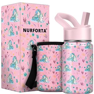 Kids Water Bottle for School, 10oz Boys Girls Insulated Water Bottle with Strap Sleeve, Mermaid Unicorn Stainless Steel Tumbler Cups with Straw Lid, Toddler Water Bottle with 20 Name Stickers