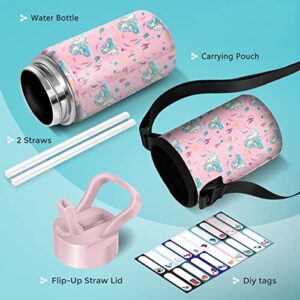 Kids Water Bottle for School, 10oz Boys Girls Insulated Water Bottle with Strap Sleeve, Mermaid Unicorn Stainless Steel Tumbler Cups with Straw Lid, Toddler Water Bottle with 20 Name Stickers