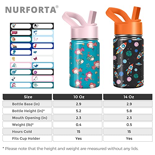 Kids Water Bottle for School, 10oz Boys Girls Insulated Water Bottle with Strap Sleeve, Mermaid Unicorn Stainless Steel Tumbler Cups with Straw Lid, Toddler Water Bottle with 20 Name Stickers