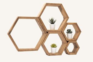 red river hexagon floating shelves set of 5,wall mounted wood farmhouse storage honeycomb wall shelf,floating shelf,wall shelf for bathroom,kitchen, bedroom, living room, office (dark brown)