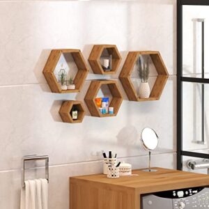Red River Hexagon Floating Shelves Set of 5,Wall Mounted Wood Farmhouse Storage Honeycomb Wall Shelf,Floating Shelf,Wall Shelf for Bathroom,Kitchen, Bedroom, Living Room, Office (Dark Brown)