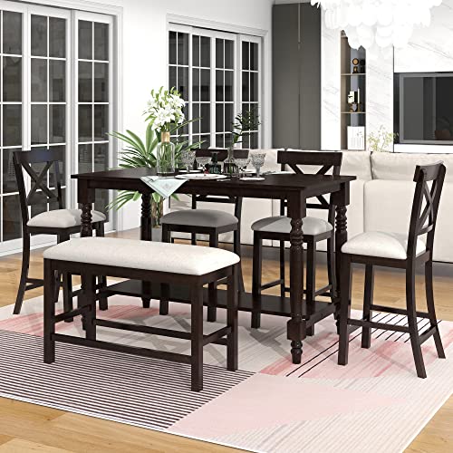 Merax 6-Piece Wooden Counter Height Rectangular Table Set with Bottom Shelf, 4 Chairs, and Padded Bench for Dining Room, Espresso(Update)