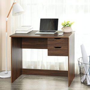 furniturer computer desk home office desk with 2 drawers, 35.4'' study writing desk saves spaces for small rooms, wood laptop table easy assembly, brown