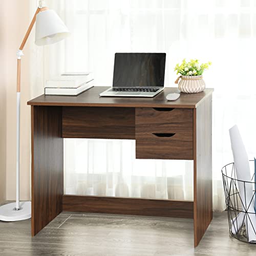 FurnitureR Computer Desk Home Office Desk with 2 Drawers, 35.4'' Study Writing Desk Saves Spaces for Small Rooms, Wood Laptop Table Easy Assembly, Brown