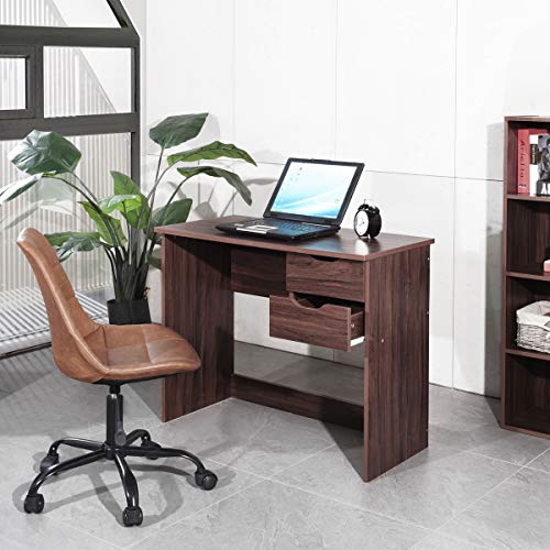 FurnitureR Computer Desk Home Office Desk with 2 Drawers, 35.4'' Study Writing Desk Saves Spaces for Small Rooms, Wood Laptop Table Easy Assembly, Brown