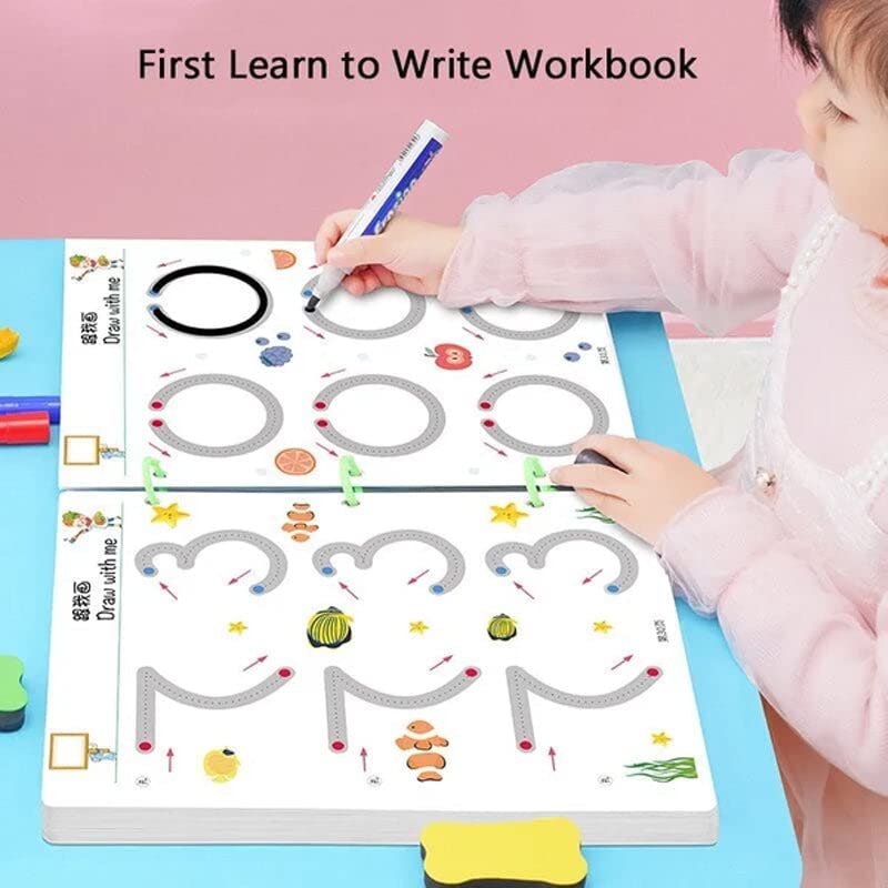 Magical Tracing Workbook Set,Reusable Magic Practice Copybook for Kids with Drawing Pens & Eraser,Learning To Write Alphabet,Numbers and Line Tracing (Digital drawing 64 Pages/32 Sheets (2-6 Years))