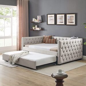 homsof daybed upholstered tufted sofa bed, with button and copper nail one arms, full daybed & twin trundle, beige