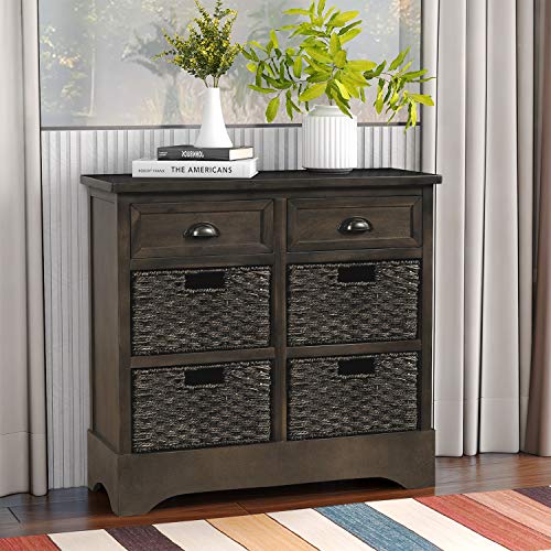 Merax Brown Morden Farmhouse Wood Storage Cabinet with Four Classic Rattan Basket Buffet Sideboard Brownrd for Kitchen/Dining Entryway/Living Room Light Grey, One